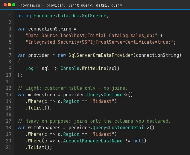 C# screenshot creating a SqlServerOrmDataProvider and querying Customer versus CustomerDetail.