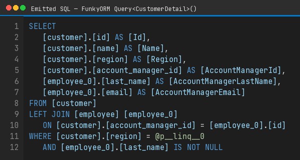 Emitted SQL for FunkyORM Query of CustomerDetail: customer columns plus employee last_name and email via one LEFT JOIN.