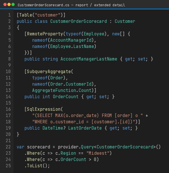 C# screenshot of CustomerOrderScorecard with RemoteProperty, SubqueryAggregate, and SqlExpression, plus the query that uses it.