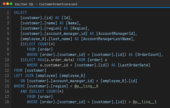 Emitted SQL for CustomerOrderScorecard with a LEFT JOIN to employee and scalar subqueries for order count and last order date.