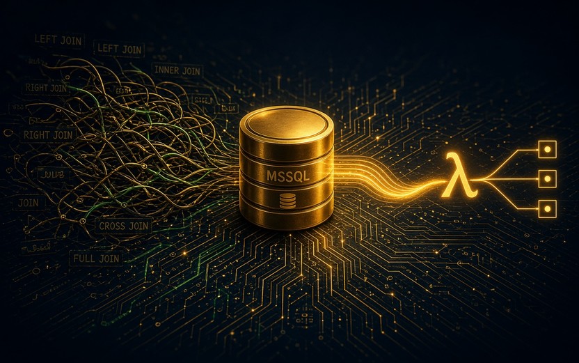 A gold MSSQL database drum on a circuit board: tangled JOIN cables on the left, a clean lambda path on the right.