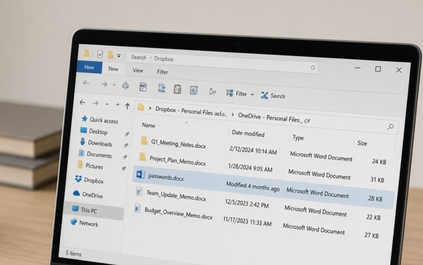 File Explorer with passwords.docx selected inside a Dropbox/OneDrive synced folder.