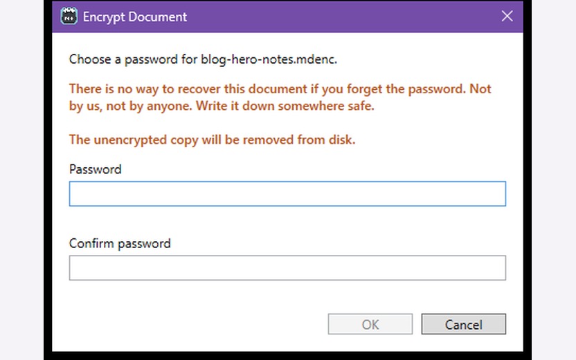Markdown Midget File ▸ Encrypt Document… dialog — lock a secrets file on your PC